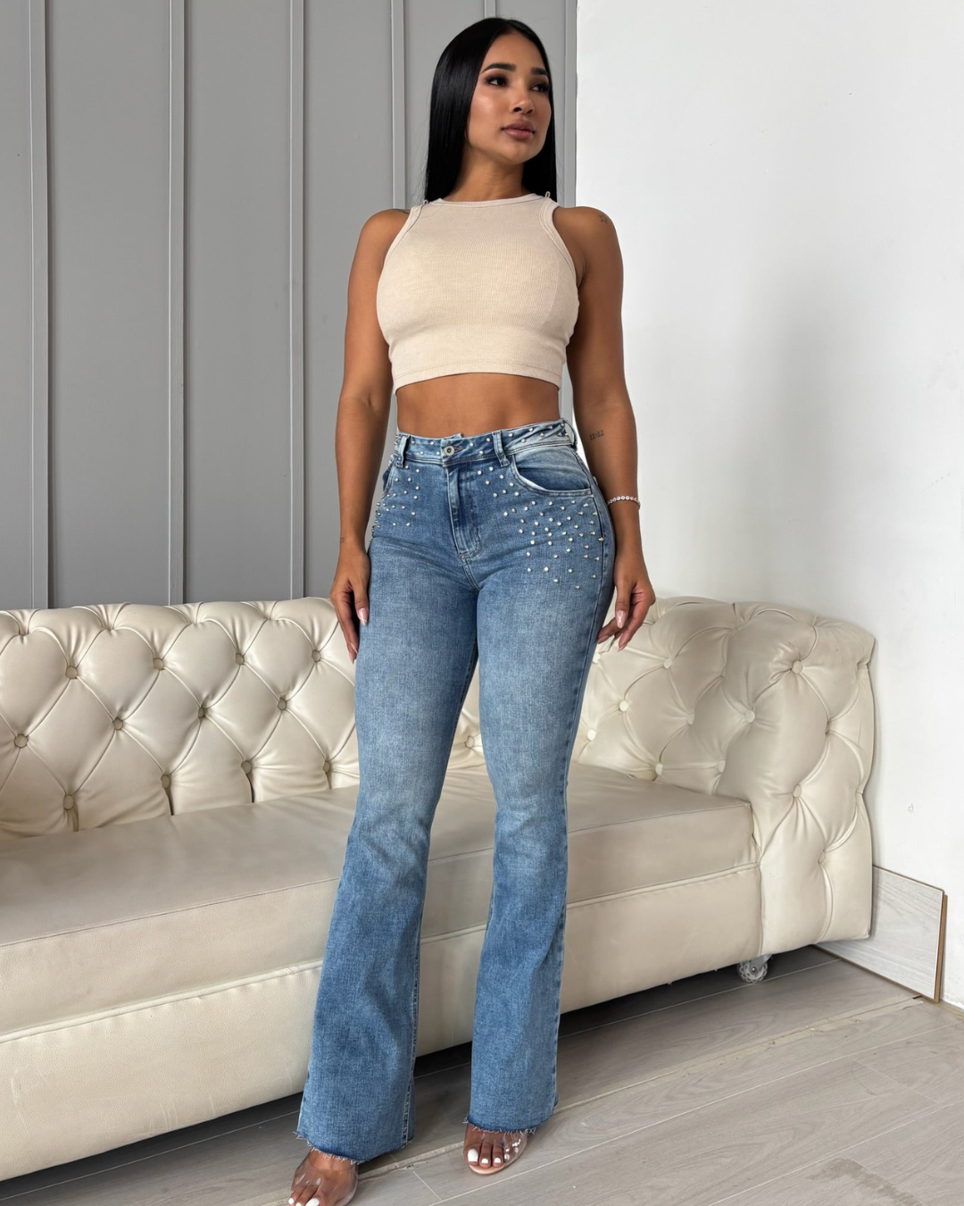 Calças Boca de Sino com Cristais