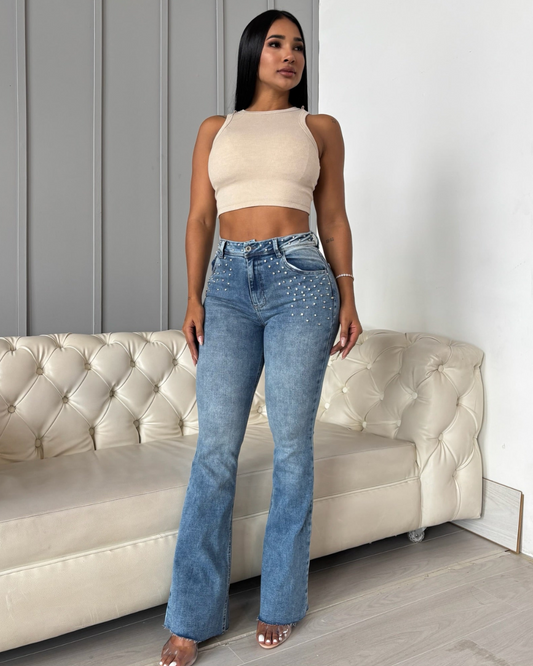 Calças Boca de Sino com Cristais