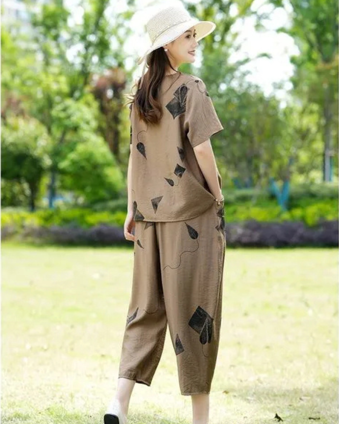 Conjunto de Duas Peças em Linho com Impressão Artística para Mulher