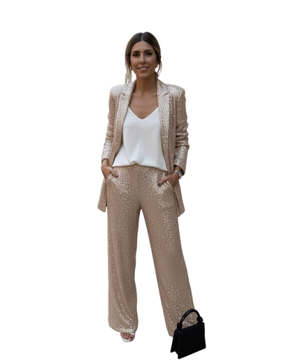 Conjunto de Lantejoulas Blazer e Calças Largas para Mulher