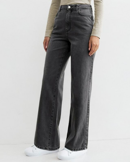 Calça Jeans Feminina Cintura Alta com Pernas Largas e Bolsos Múltiplos