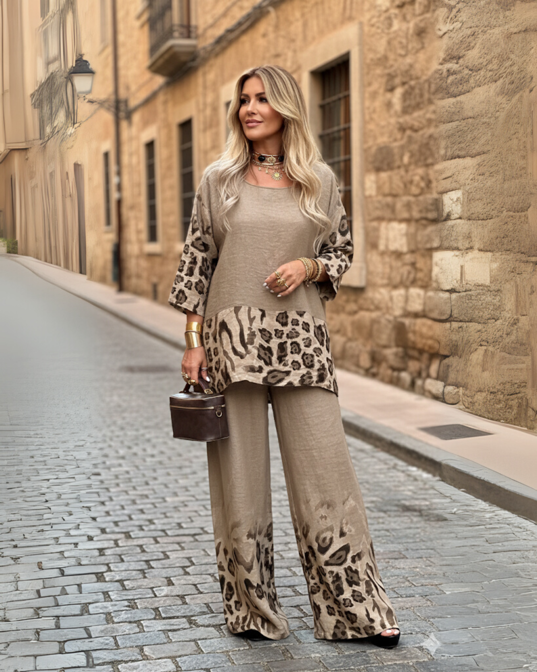 Conjunto de linho e algodão para mulher com estampado de leopardo
