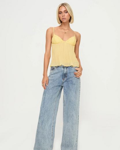 Top de Renda e Chiffon Plissado com Alças Finas