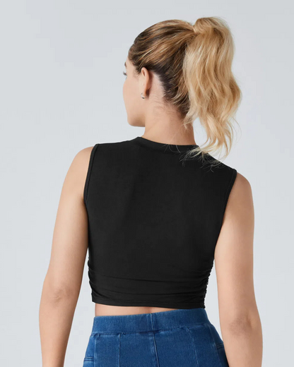 Top Casual Curto com Folhos e Decote Redondo