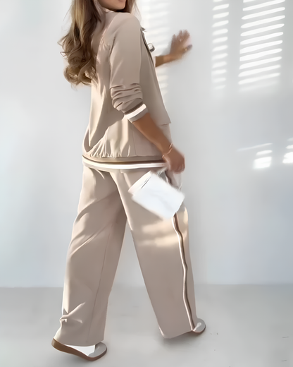 Conjunto Elegante de Blazer e Calças Palazzo em Bege Estilo Sofisticado e Moderno
