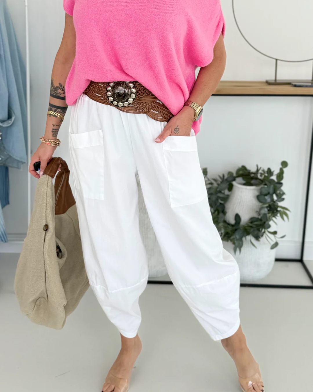 Calças Largas de Linho com Design Solto e Cintura Ajustável
