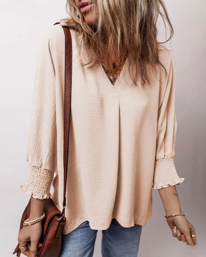 Blusa casual feminina com decote em V e manga 3/4, folgada e justa