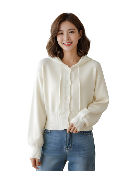 Cardigã Casual Curto com Capuz e Botões Para Mulher