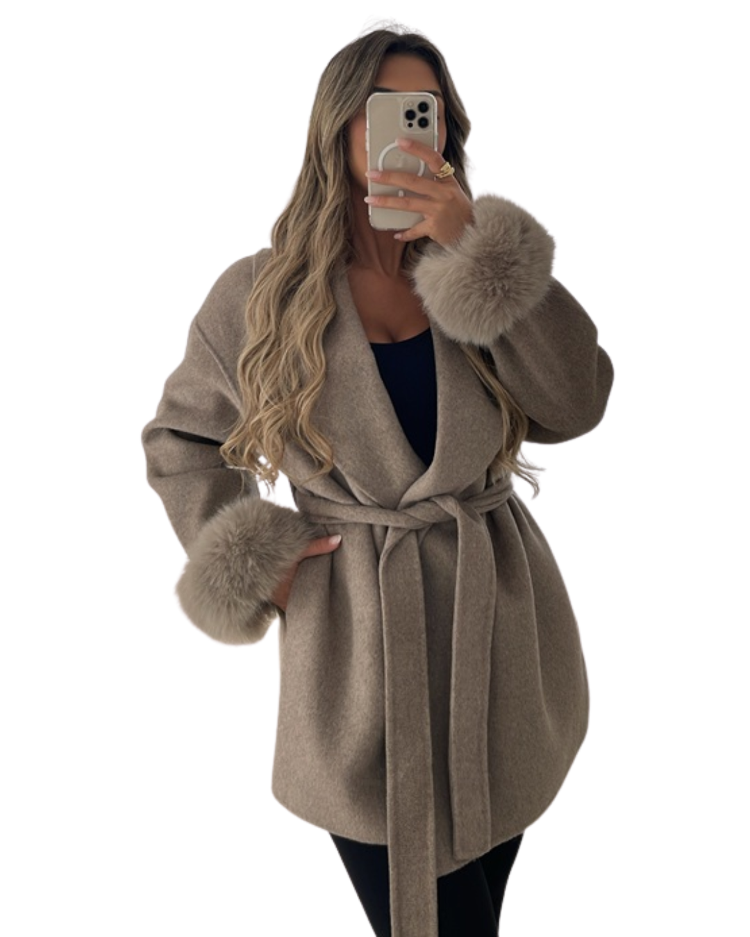 Sobretudo Midi de Lã com Detalhes de Pelo para Mulher