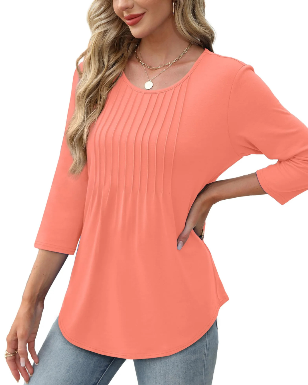 Blusa Túnica Plissada Casual para Mulher com Gola Redonda e Mangas 3/4