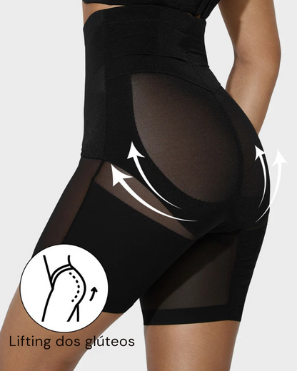 Calções modeladores de cintura alta com malha cruzada até meio da coxa