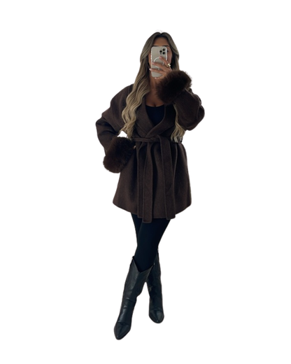 Sobretudo Midi de Lã com Detalhes de Pelo para Mulher