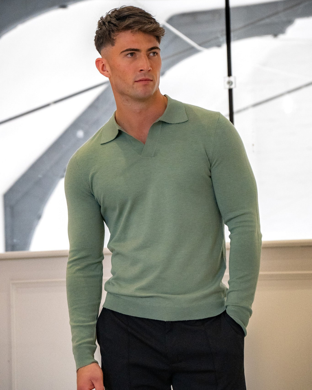 Polo de manga comprida suave e respirável para homem