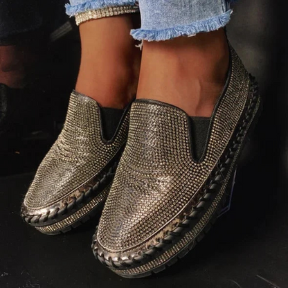 Sapatos slip-on respiráveis para mulher com plataforma e strass