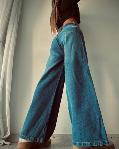 Calças de Ganga Leves de Perna Larga com Cintura Alta e Estilo Descontraído