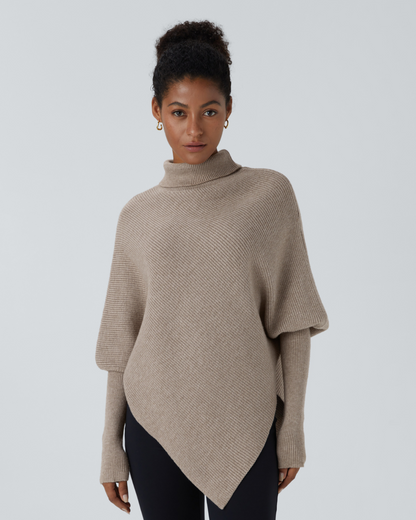 Camisola de Manga Comprida com Gola Alta e Bainha Inferior Assimétrica