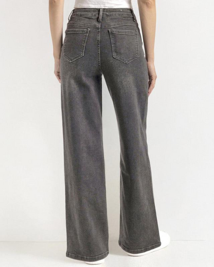 Calça Jeans Feminina Cintura Alta com Pernas Largas e Bolsos Múltiplos