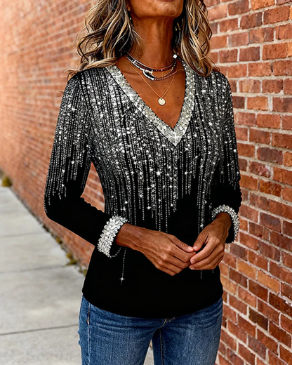 Camisa fluida com decote em V e detalhes brilhantes para mulher
