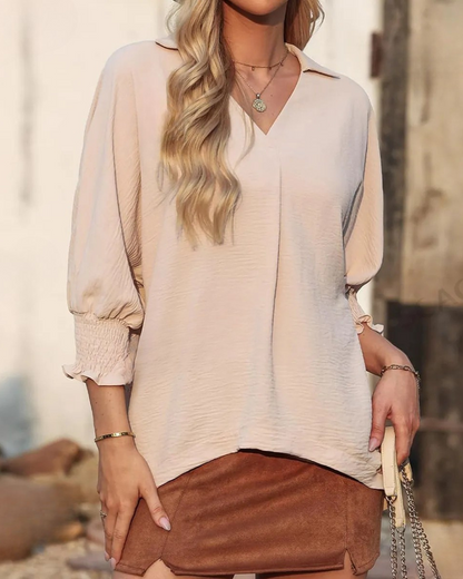 Blusa casual feminina com decote em V e manga 3/4, folgada e justa