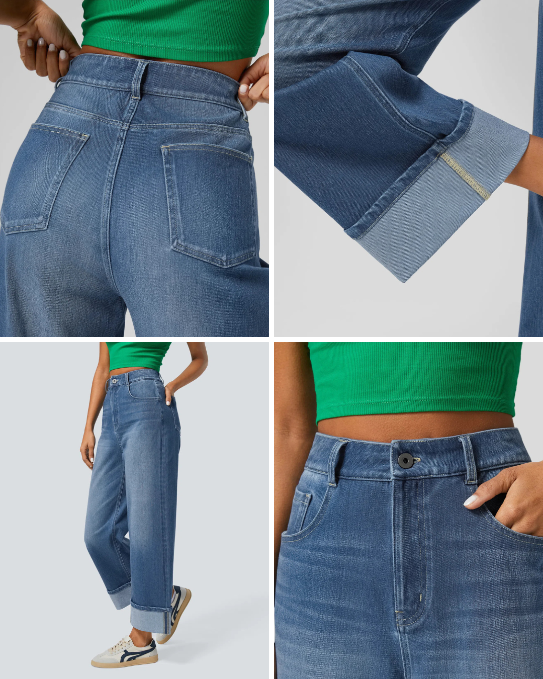 Calças Lavadas com Elástico, Bainha Enrolada, Cintura Alta, Vários Bolsos, Perna Larga