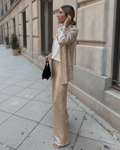 Conjunto de Lantejoulas Blazer e Calças Largas para Mulher