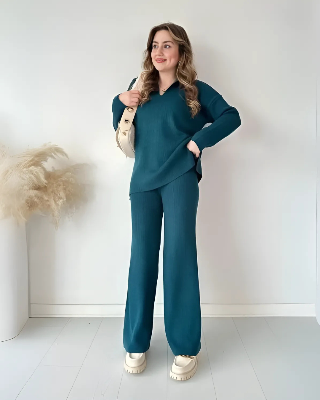 Conjunto Casual de Camisola de Malha de Manga Comprida e Calças Largas