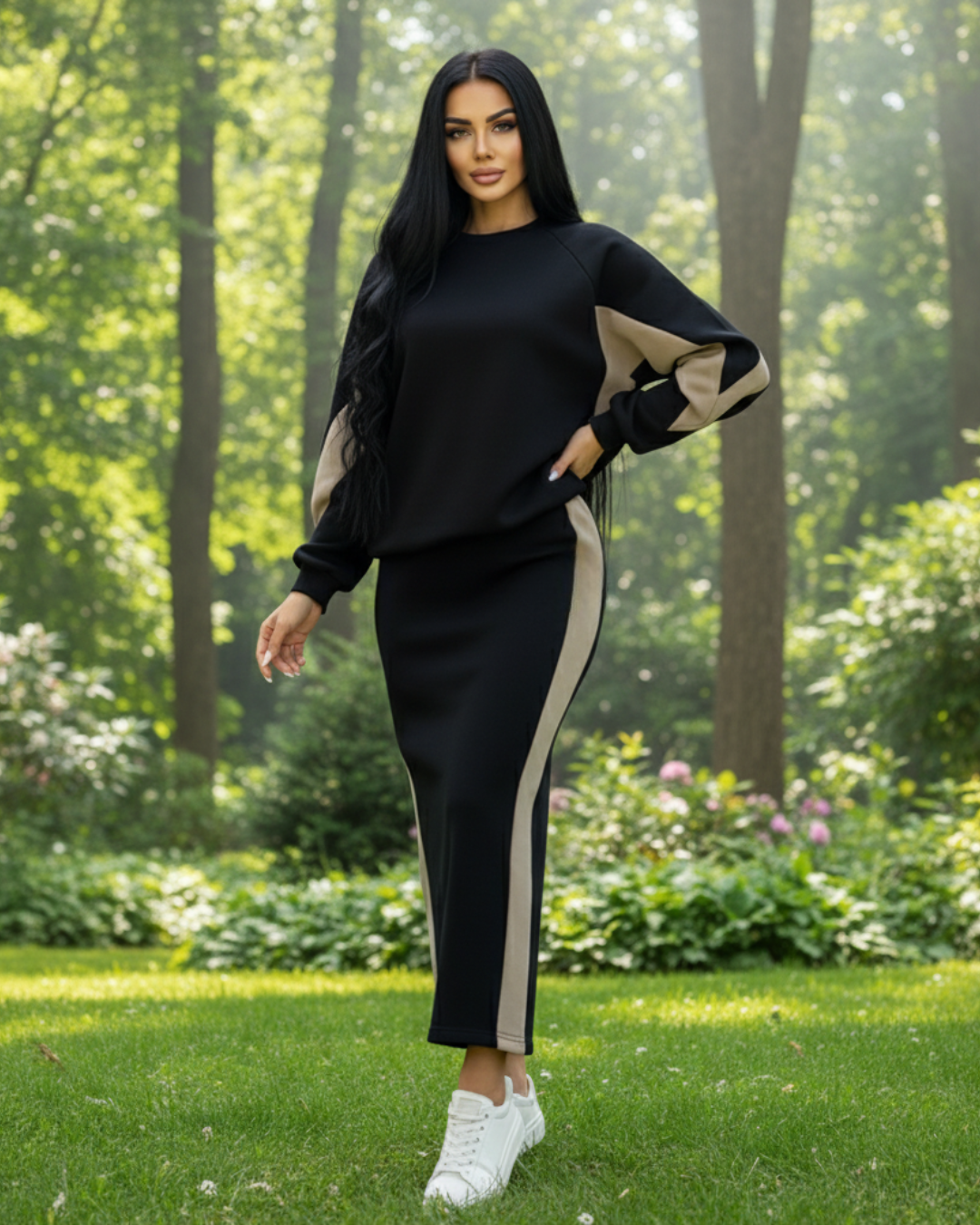 Conjunto folgado com top de manga comprida e saia com abertura para mulher®