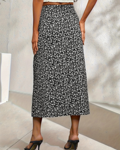 Saia com  Fenda Lateral e Estampado Floral