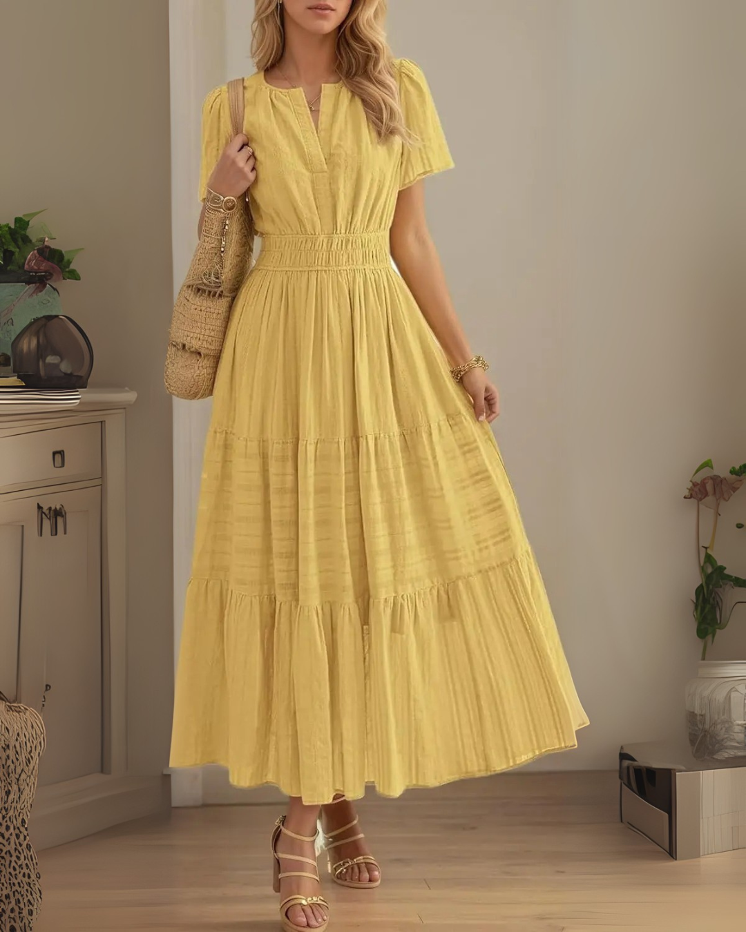 Vestido longo para mulher com manga curta, decote em V e cintura elástica