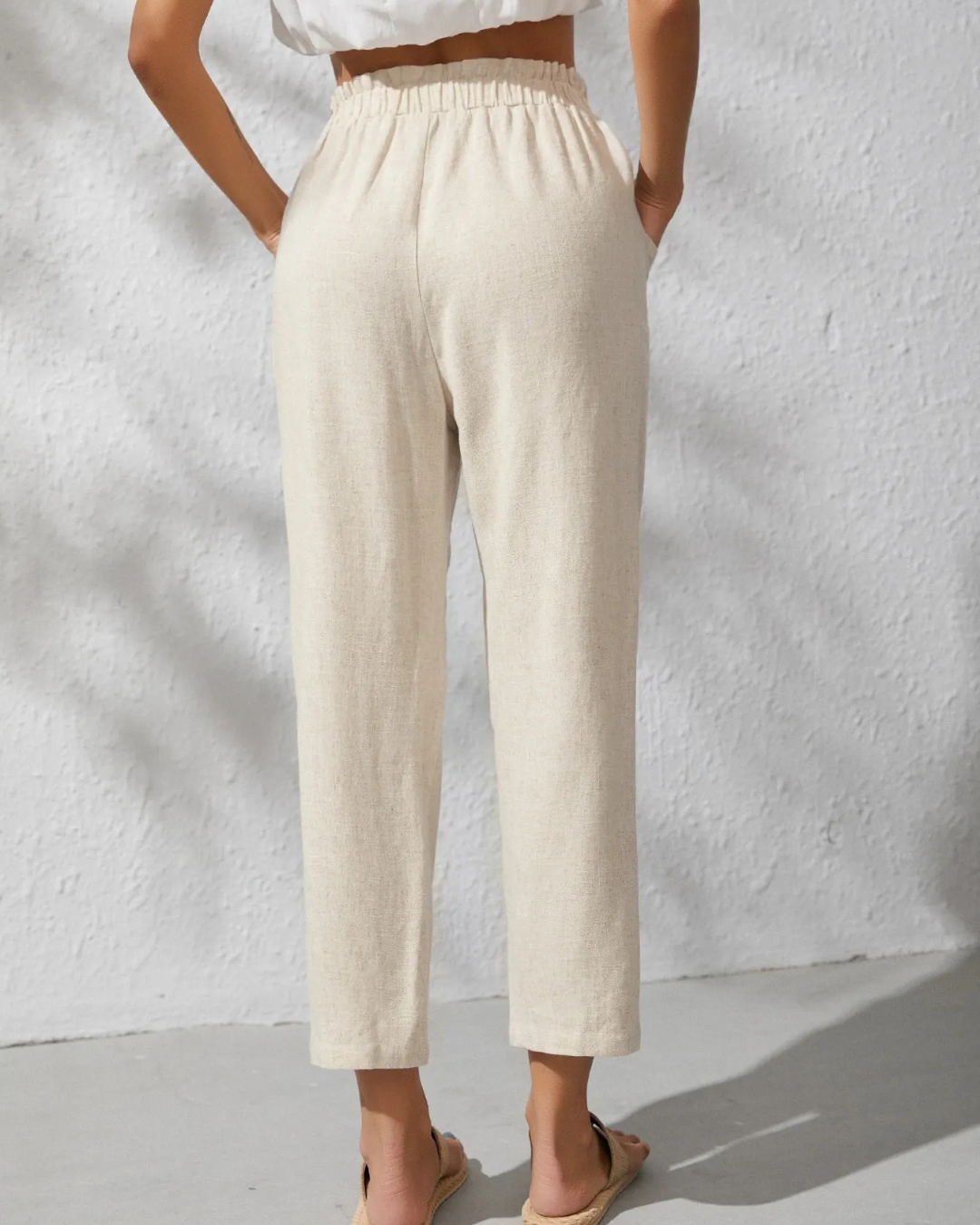 Calças Capri de algodão e linho para mulher