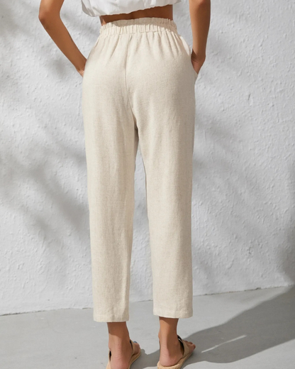 Calças Capri de algodão e linho para mulher