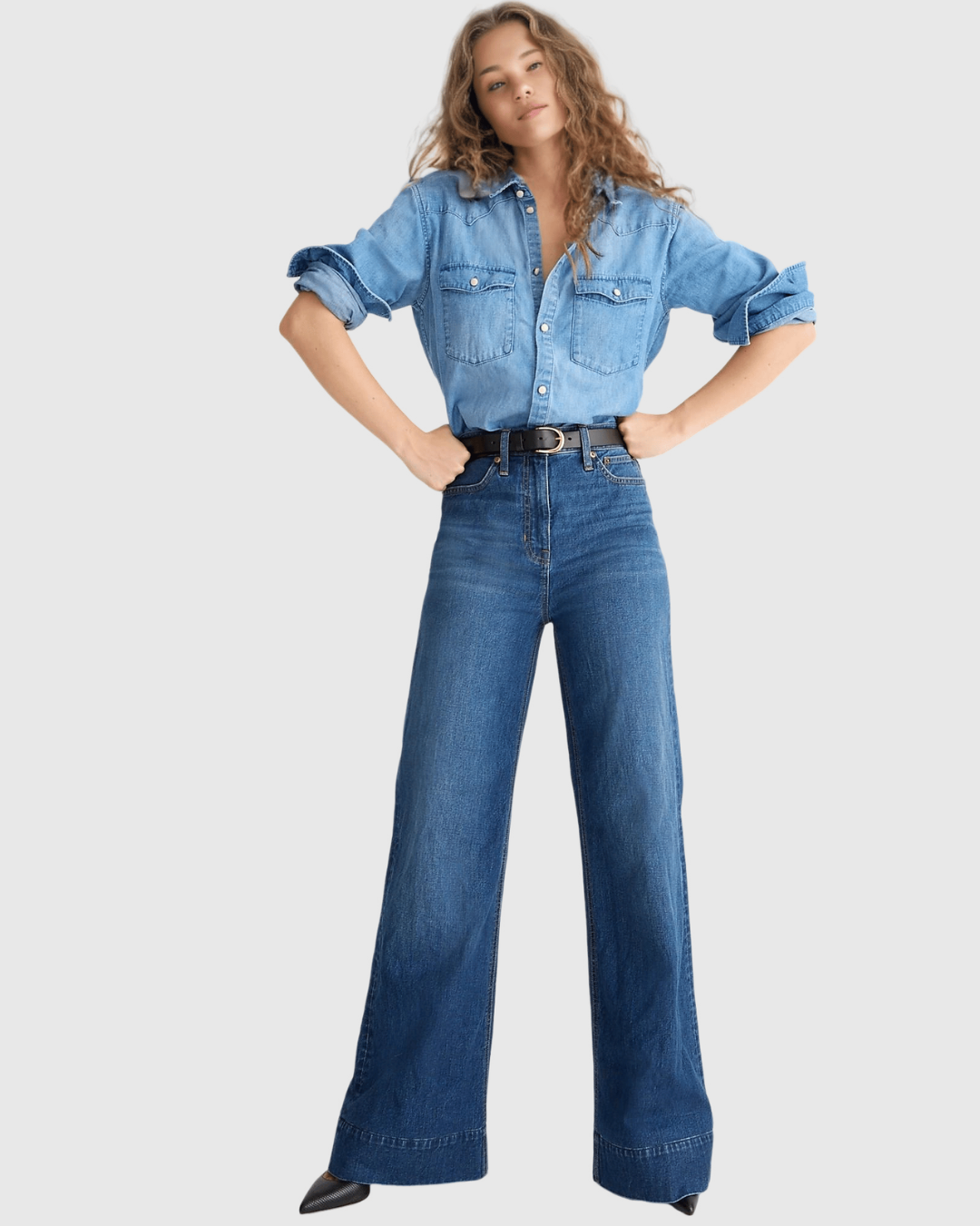 Calças de Ganga de Perna Larga de Cintura Subida com Controlo da Barriga