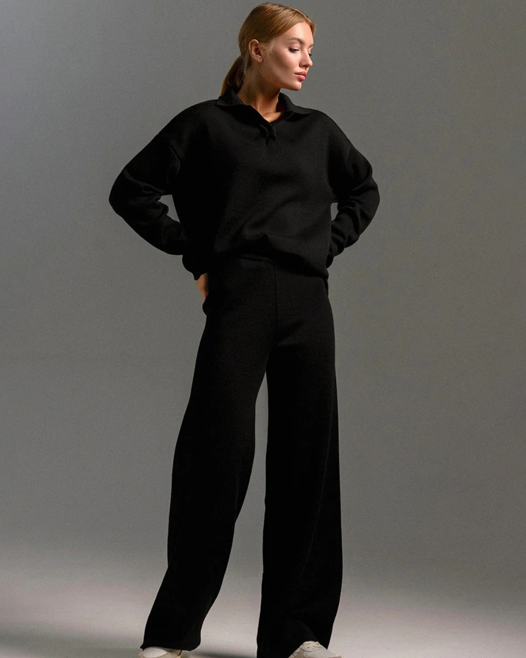 Conjunto de 2 Peças para Mulher, Hoodie com Gola tipo Polo e Calças de Perna Larga