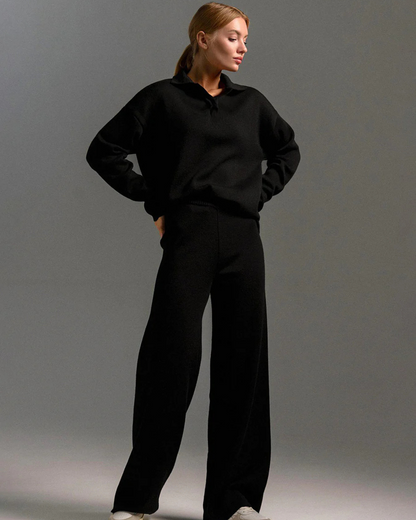 Conjunto de 2 Peças para Mulher, Hoodie com Gola tipo Polo e Calças de Perna Larga