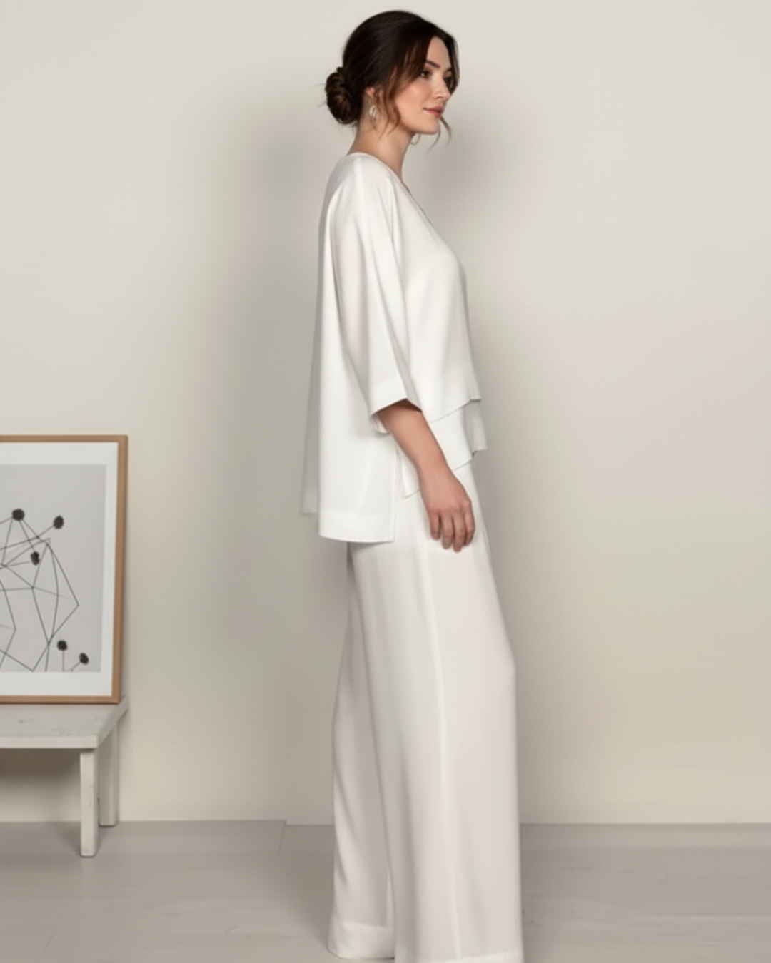 Conjunto de linho e algodão com bainha irregular e manga curta para mulher