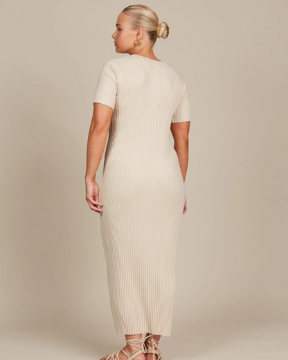 Vestido Comprido com Mangas Curtas e Tecido Canelado de Malha para Mulher