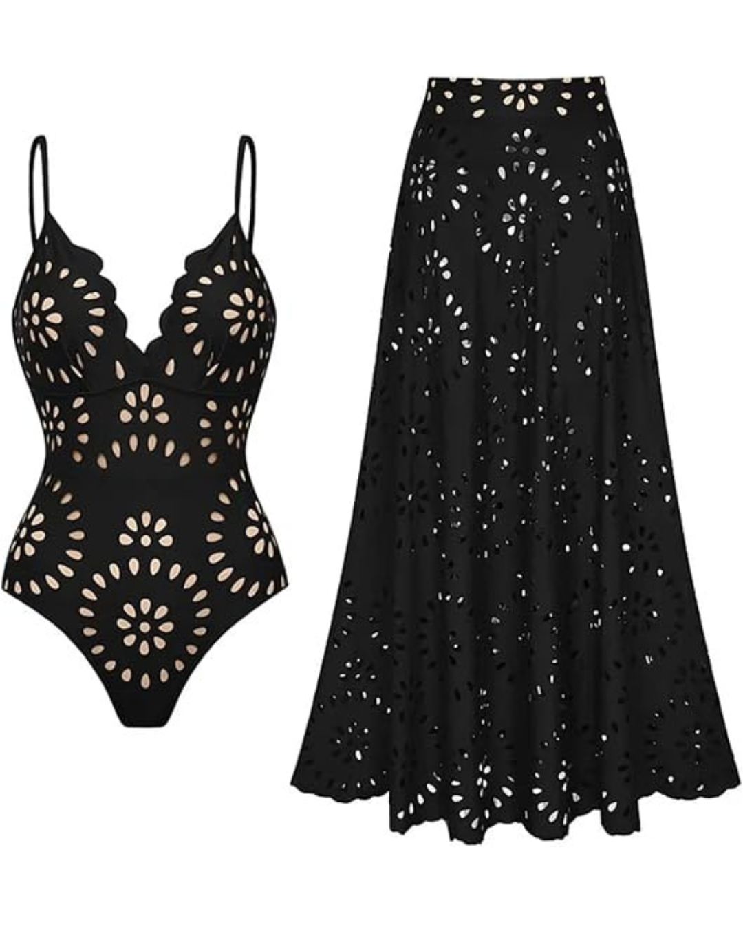 Fato de banho de uma só peça e saia com desenho floral vazado