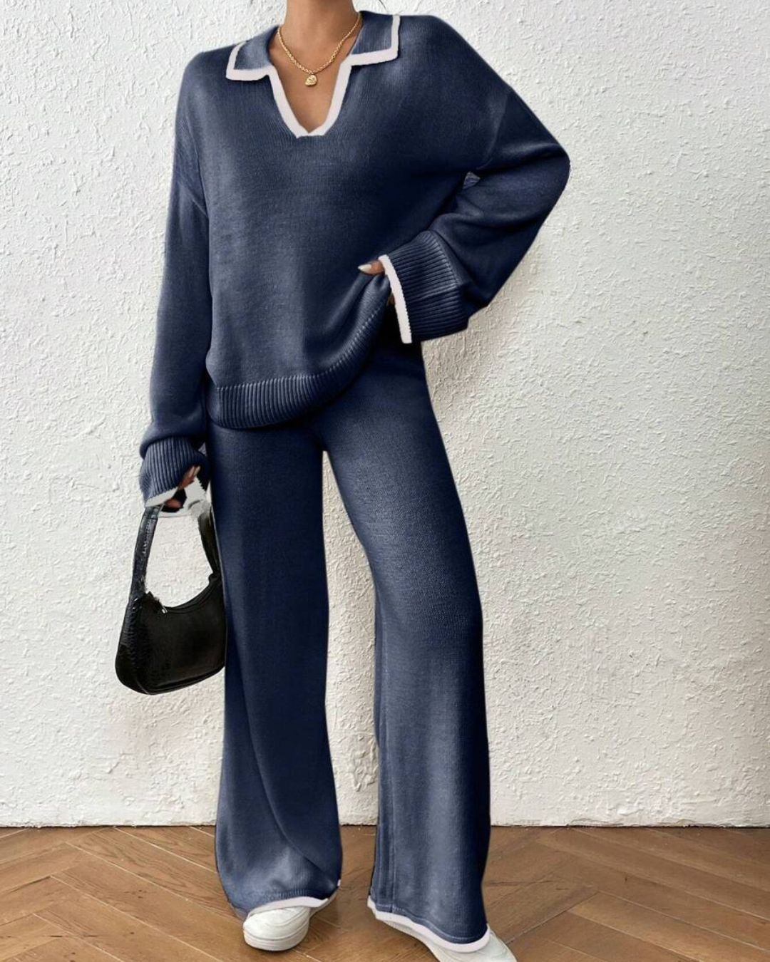 Conjunto de Camisola e Calças de Malha de 2 Peças com Acabamento em Cor Contrastante