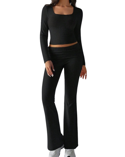 Conjunto de 2 Peças para Mulher com Top de Manga Comprida e Calças de Corte Justo