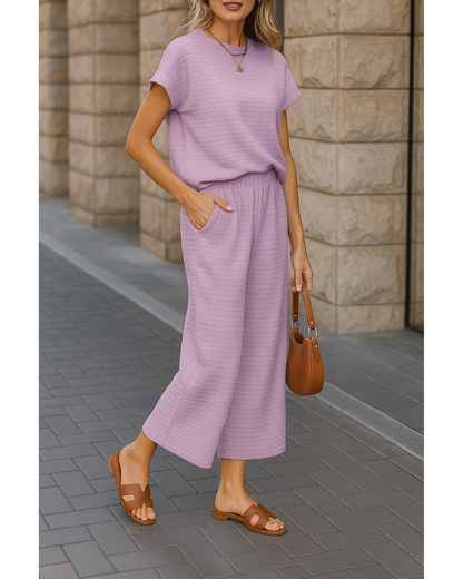 Conjunto Casual de Blusa Texturada e Calças Largas para Mulher