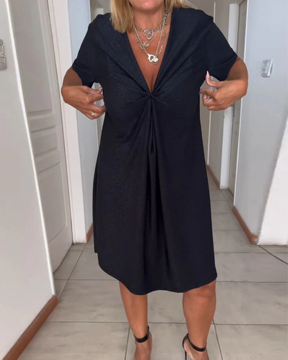 Vestido de Manga Curta com Folhos no Peito para Mulher