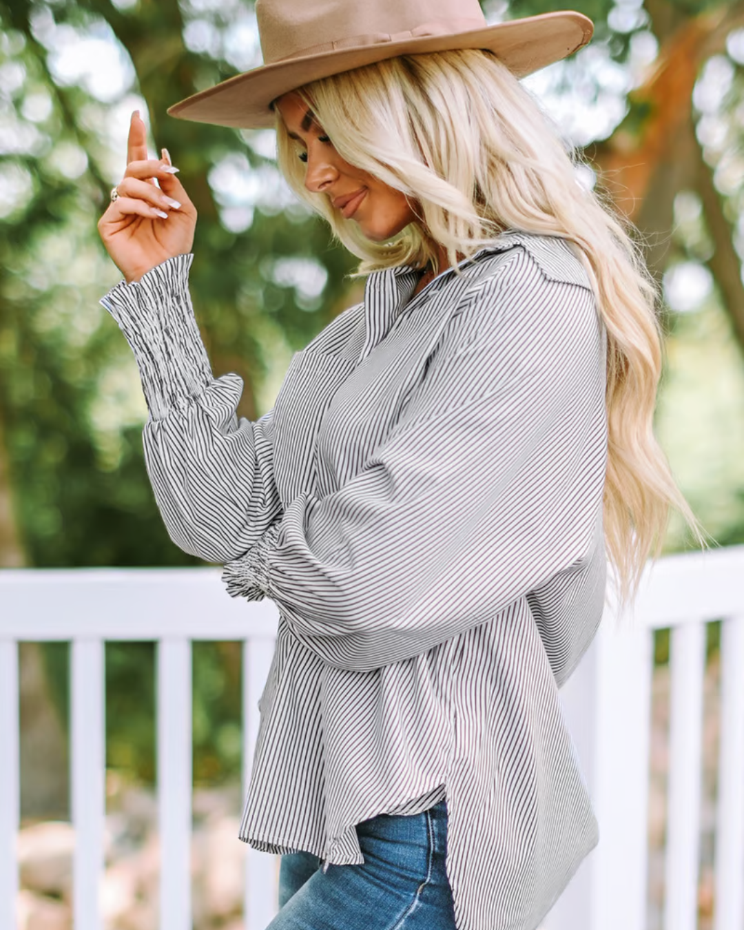 Camisa Midi com Gola Listrada e Mangas Oversized