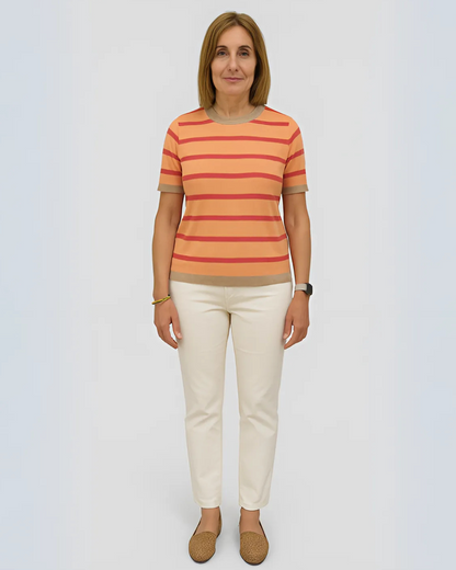 Camisa de Manga curta às riscas com gola Redonda em Estilo Casual