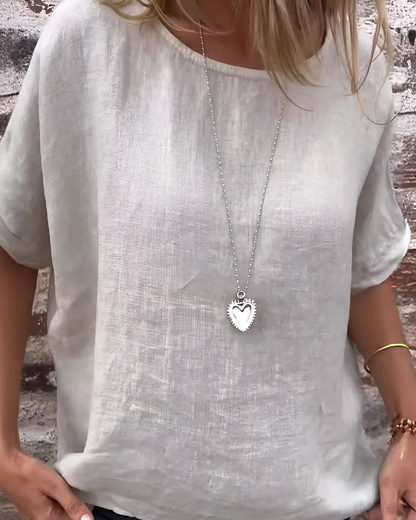 Blusa de Linho e Algodão com Gola Redonda e Meia Manga