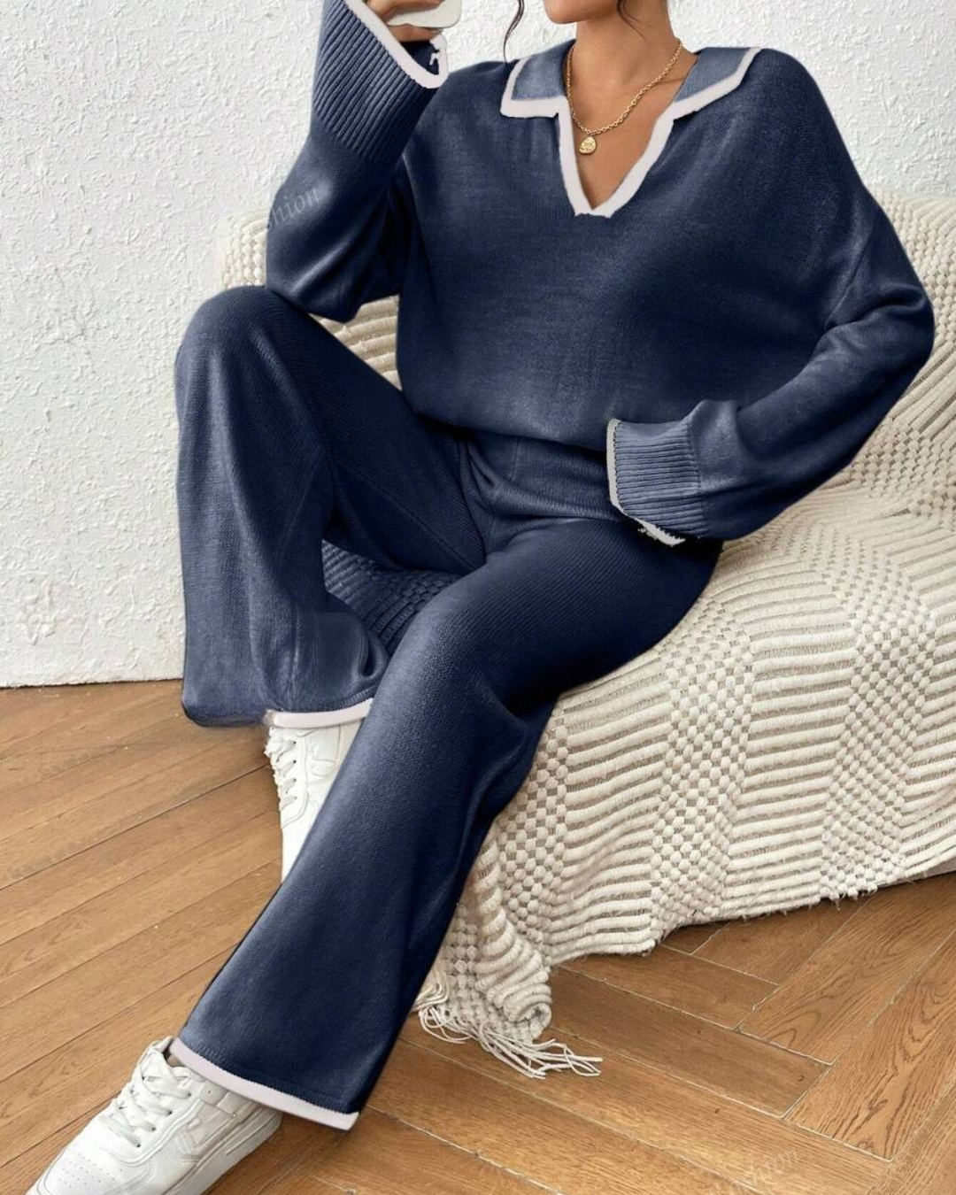 Conjunto de Camisola e Calças de Malha de 2 Peças com Acabamento em Cor Contrastante