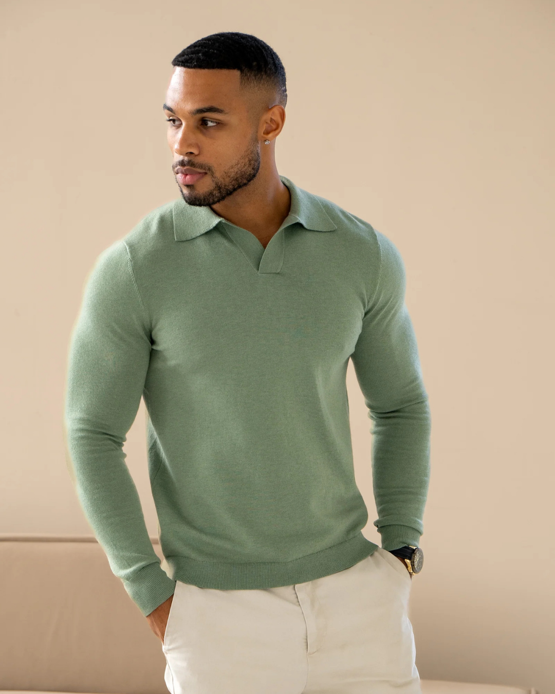 Polo de manga comprida suave e respirável para homem