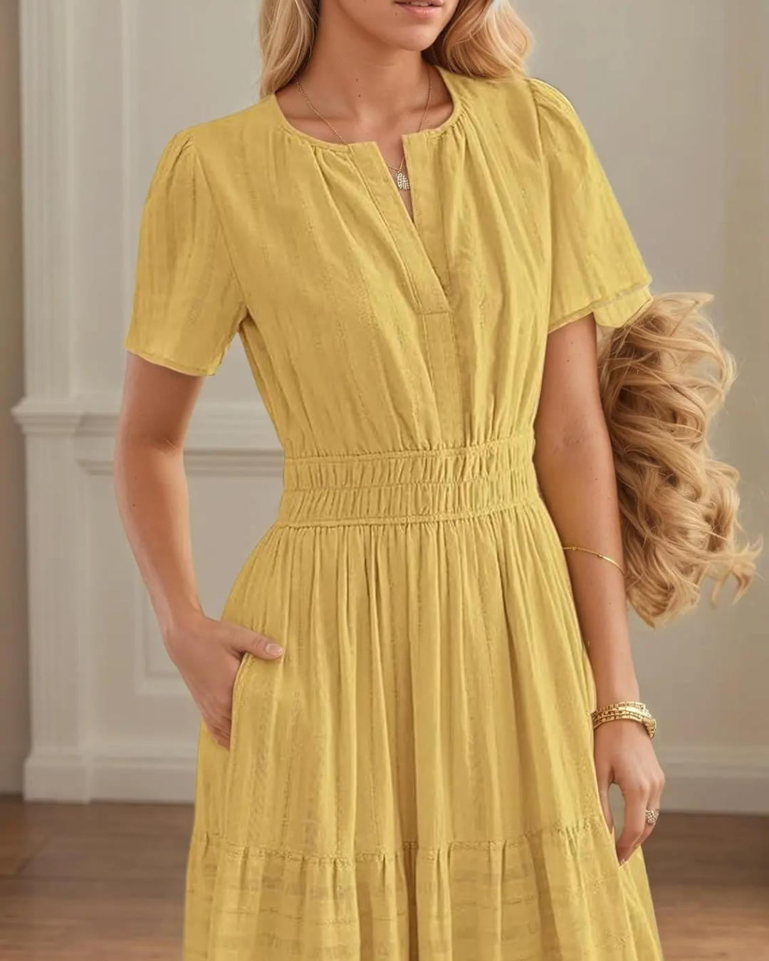 Vestido longo para mulher com manga curta, decote em V e cintura elástica