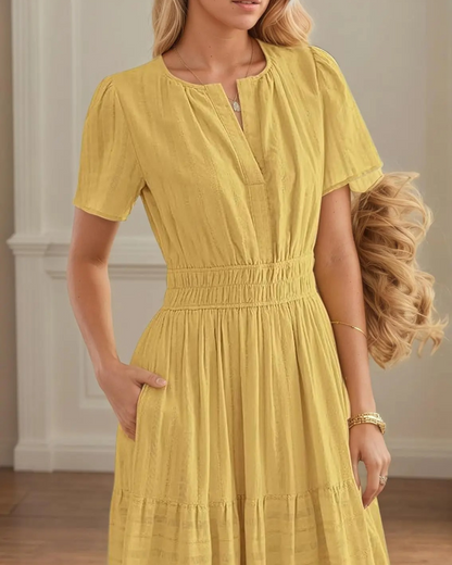 Vestido longo para mulher com manga curta, decote em V e cintura elástica