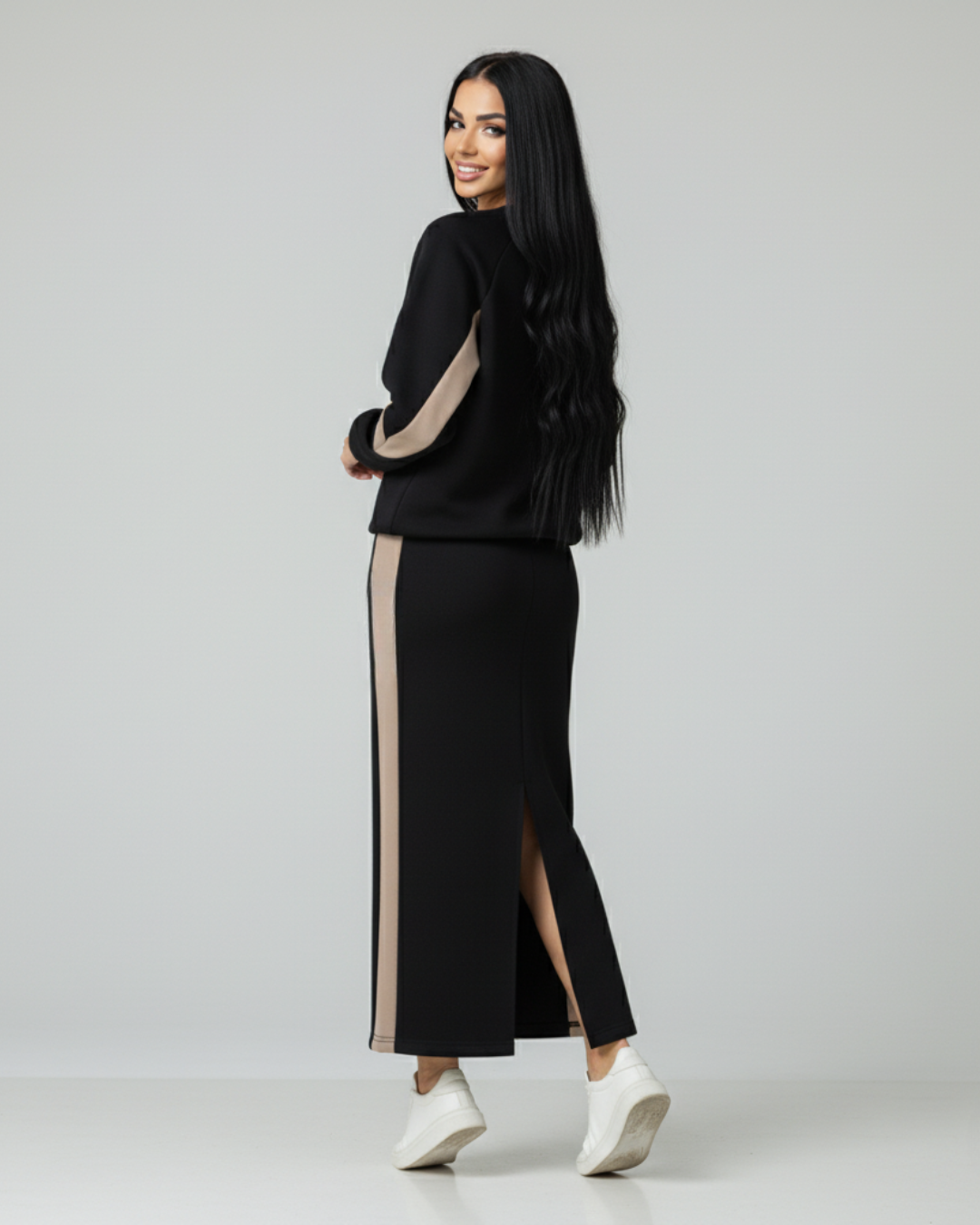 Conjunto folgado com top de manga comprida e saia com abertura para mulher®