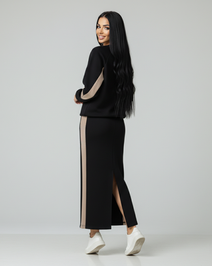 Conjunto folgado com top de manga comprida e saia com abertura para mulher®